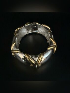 Vintage Ciner Bangle Bracelet.Silver&GoldTone Metals.Hinge Open Hidden Box Clasp